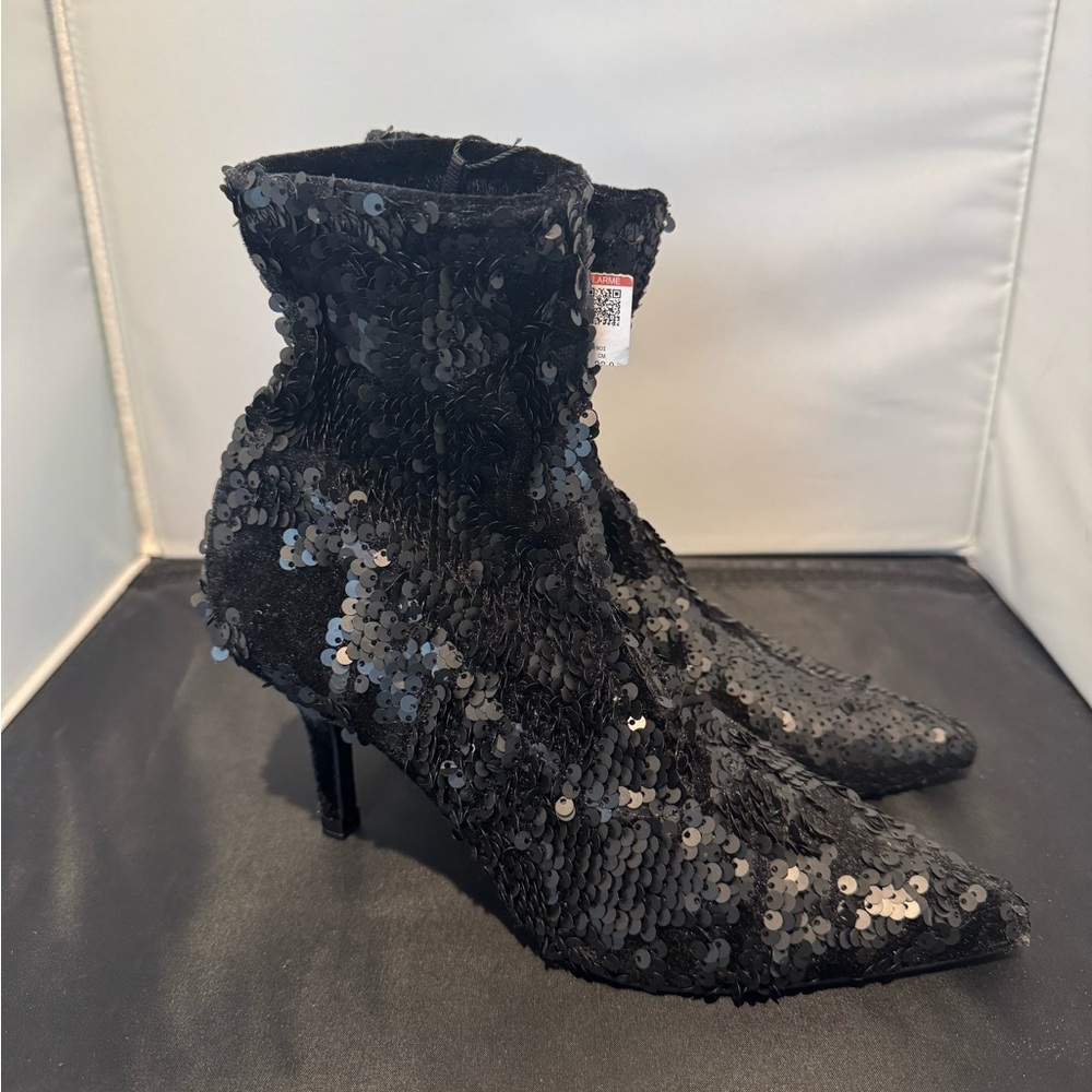 Zara Sequin Black Velvet Fabric Sock Ankle Booties Kitten Heel Size 35 US 5